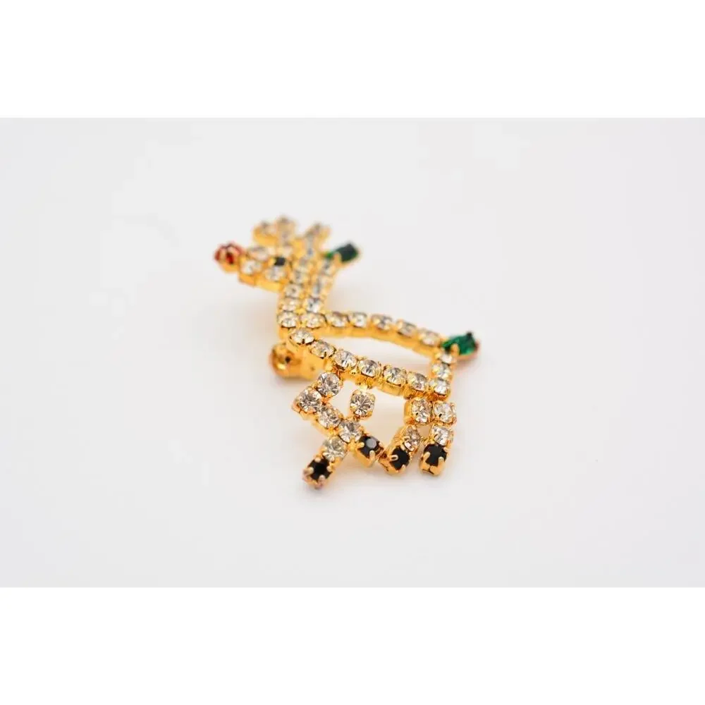 Vintage Crystal Reindeer Pin Brooch Rhinestone Gold Tone Christmas 1980s BinAT